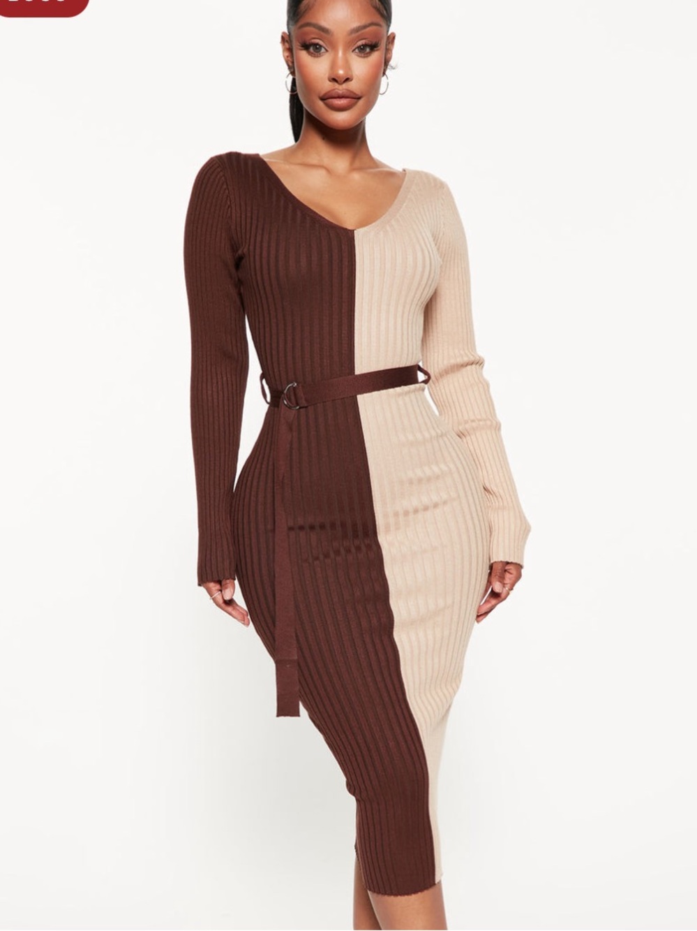 Autumn Calls Colorblock Ribbed Midi Dress in Chocolate/Beige